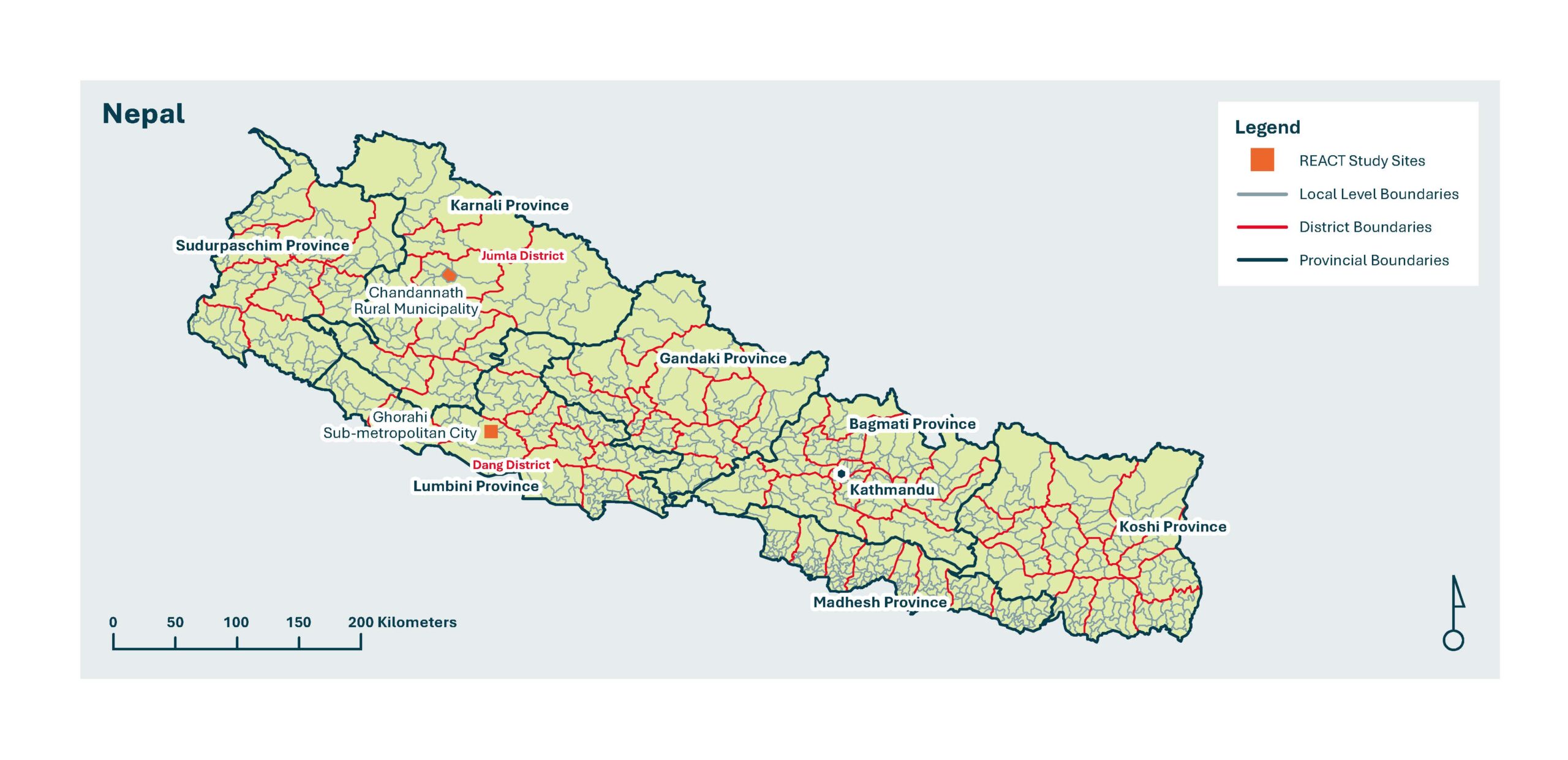 A map of Nepal showing major cities, REACT study sites, and local, district and provincial boundaries